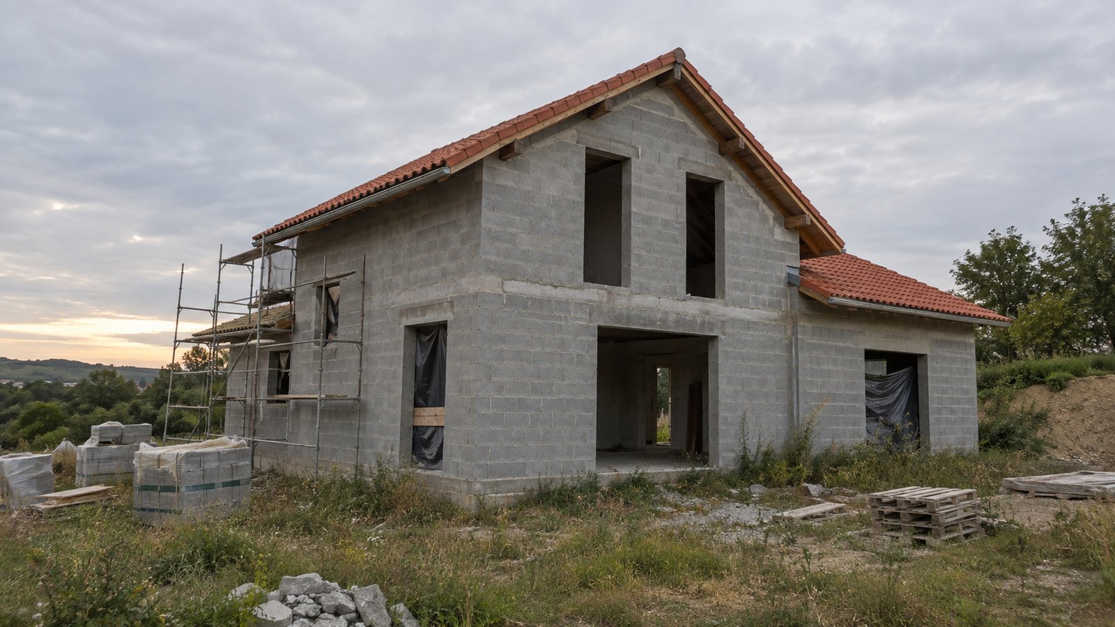 Maison individuelle en construction laissée inachevée au stade du hors d'eau, chantier à l'arrêt