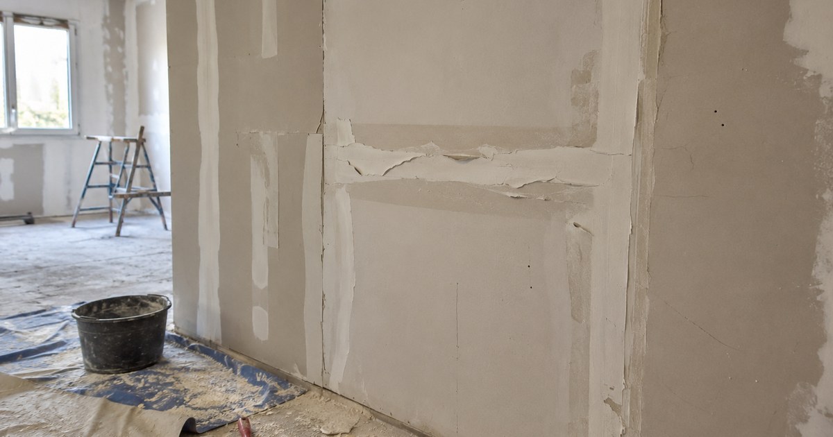 Cloison en plaques de platre avec bandes de joint decollees et enduit mal applique sur un chantier de renovation