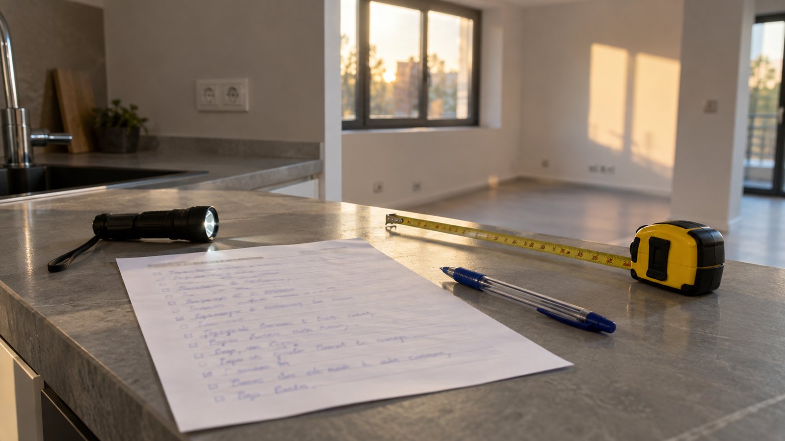 Procès-verbal de réception de travaux posé sur un plan de travail, avec une liste de réserves écrite à la main